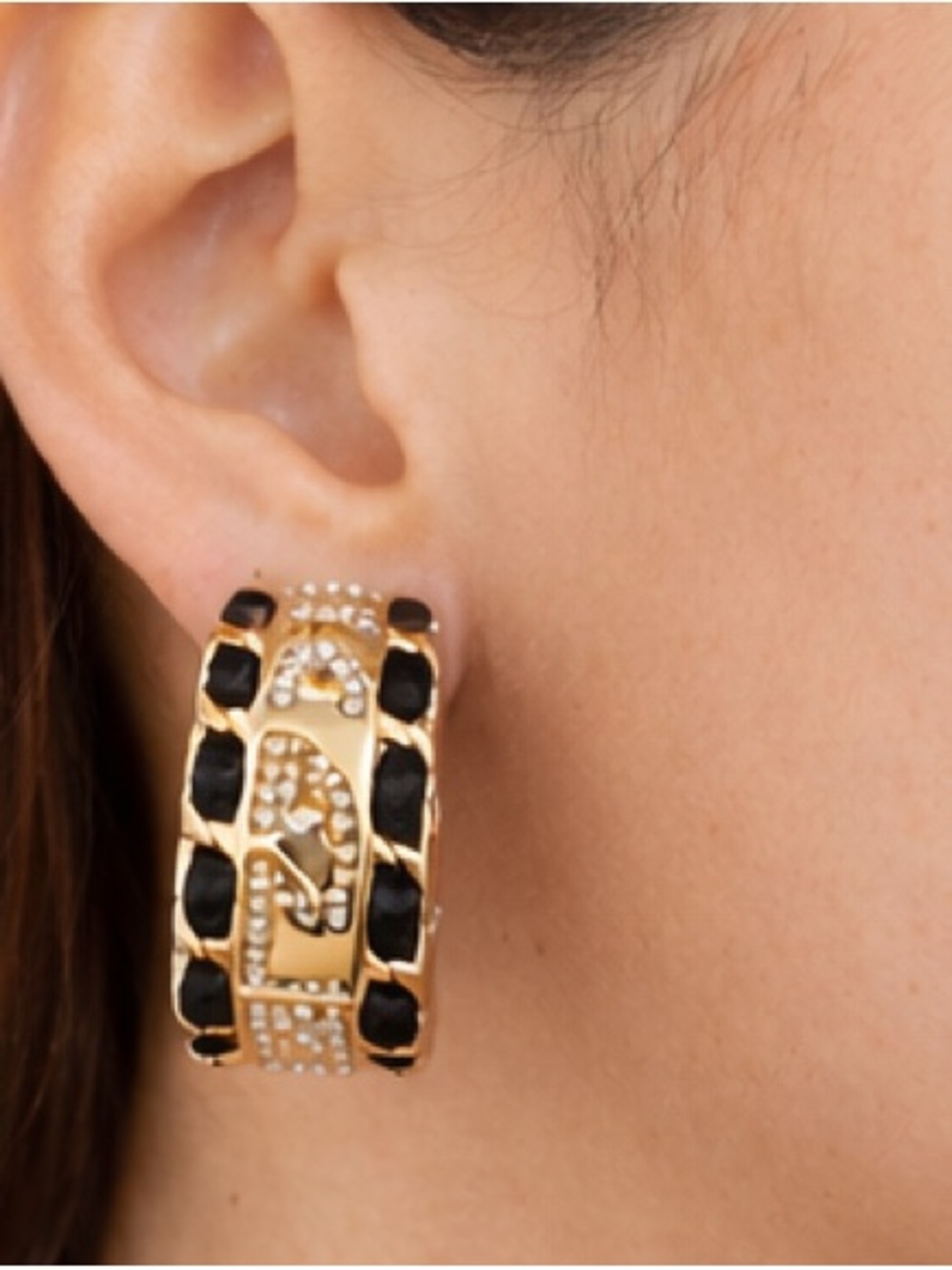 Designer Inspired Logo Chain Hoop Earrings Gold Black Rhinestone - Picture 3 of 5